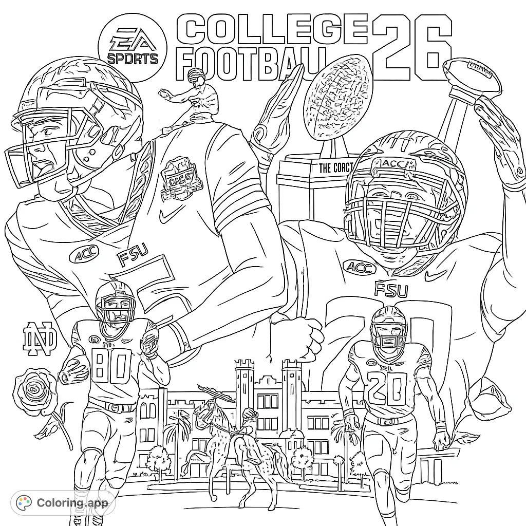 Dynamic college football scene with players, trophy, and campus. A free printable sports coloring page for fans of all ages.
