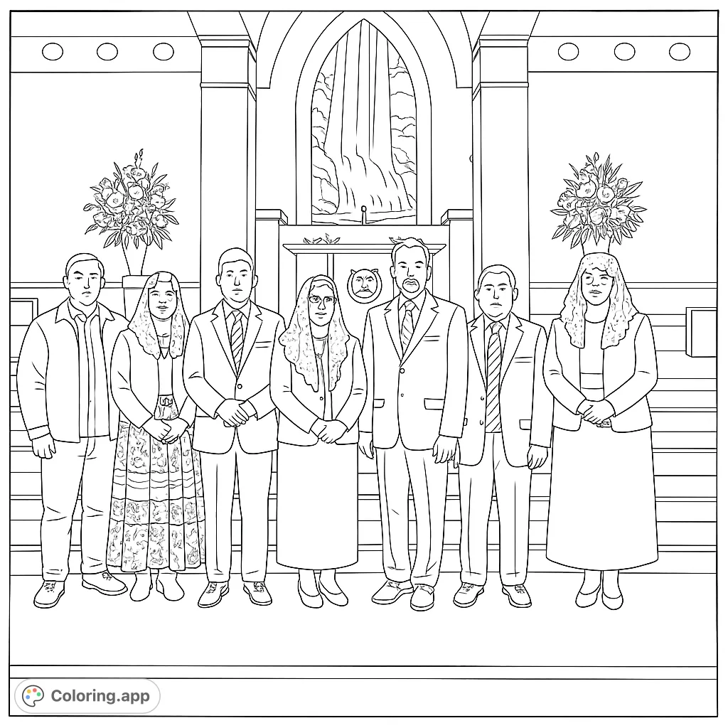 A formal family gathering coloring page featuring seven individuals in elegant attire, perfect for personalizing with vibrant colors and intricate details.