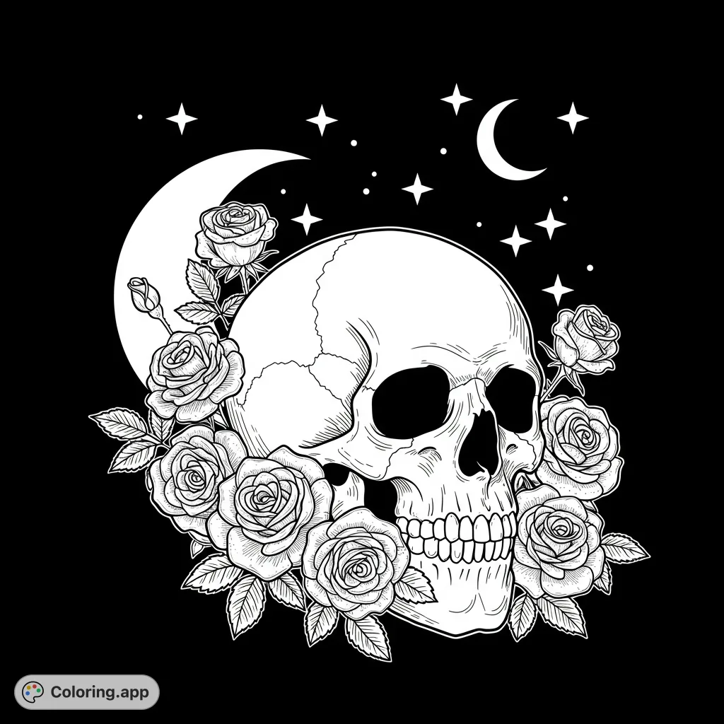 Intricate skull adorned with blooming roses, set against a celestial backdrop of crescent moons and stars. A captivating gothic-themed coloring page.