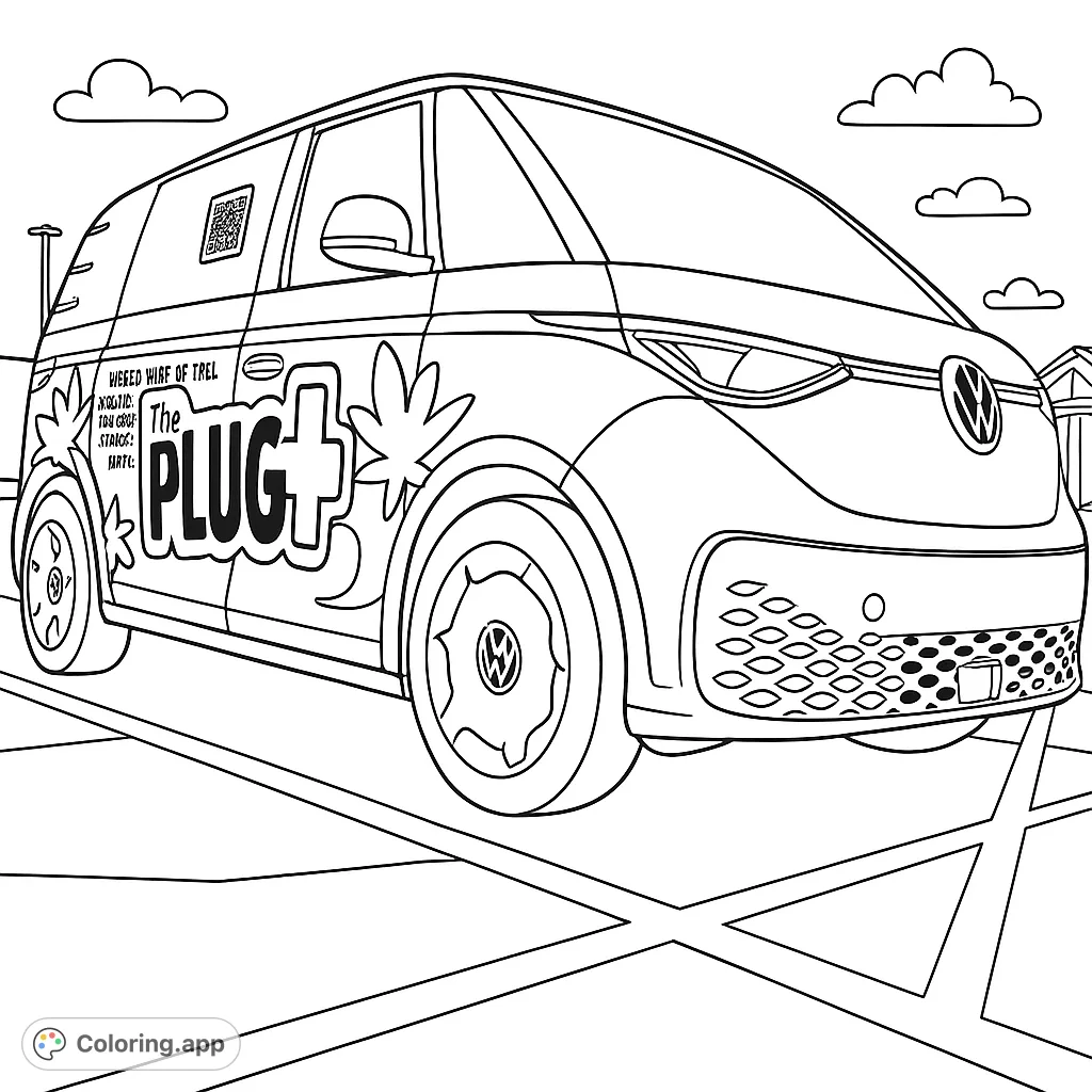A modern electric van coloring page with bold side graphics and stylized leaves. A free printable van coloring page for all ages.