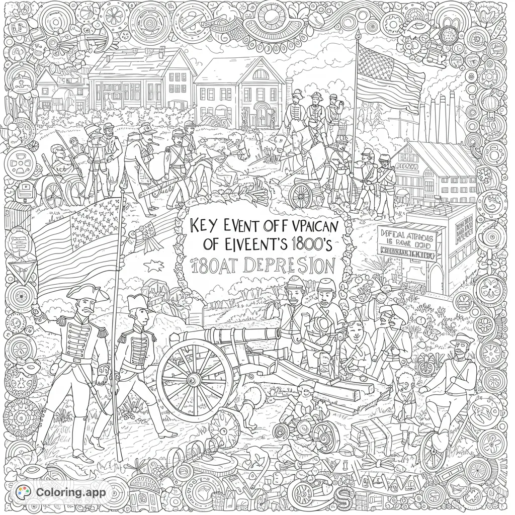 Explore a detailed 1800s military town scene with soldiers, cannons, and flags. A free printable historical coloring page for all ages.