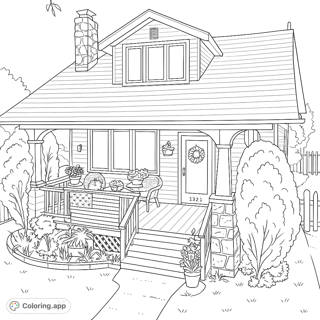 Explore a charming house coloring page featuring a cozy porch, lush garden, and picket fence. A delightful free printable coloring page for all ages.