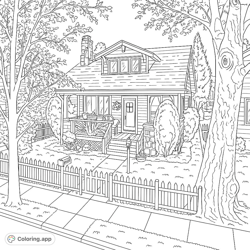 A delightful suburban house coloring page featuring a cozy home, picket fence, lush trees, and a welcoming porch. Perfect for all ages.