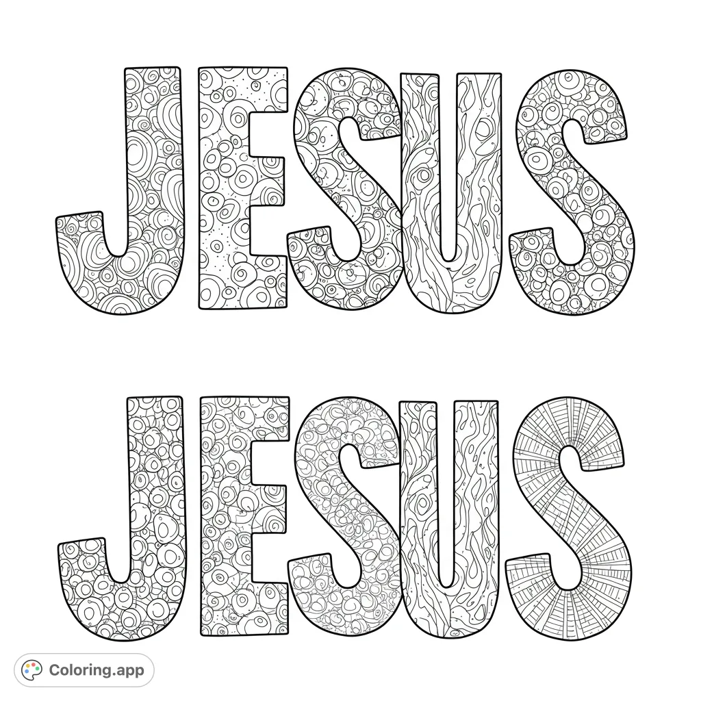 Detailed 'JESUS' word art coloring page featuring intricate patterns within each letter, perfect for mindful coloring and spiritual reflection.