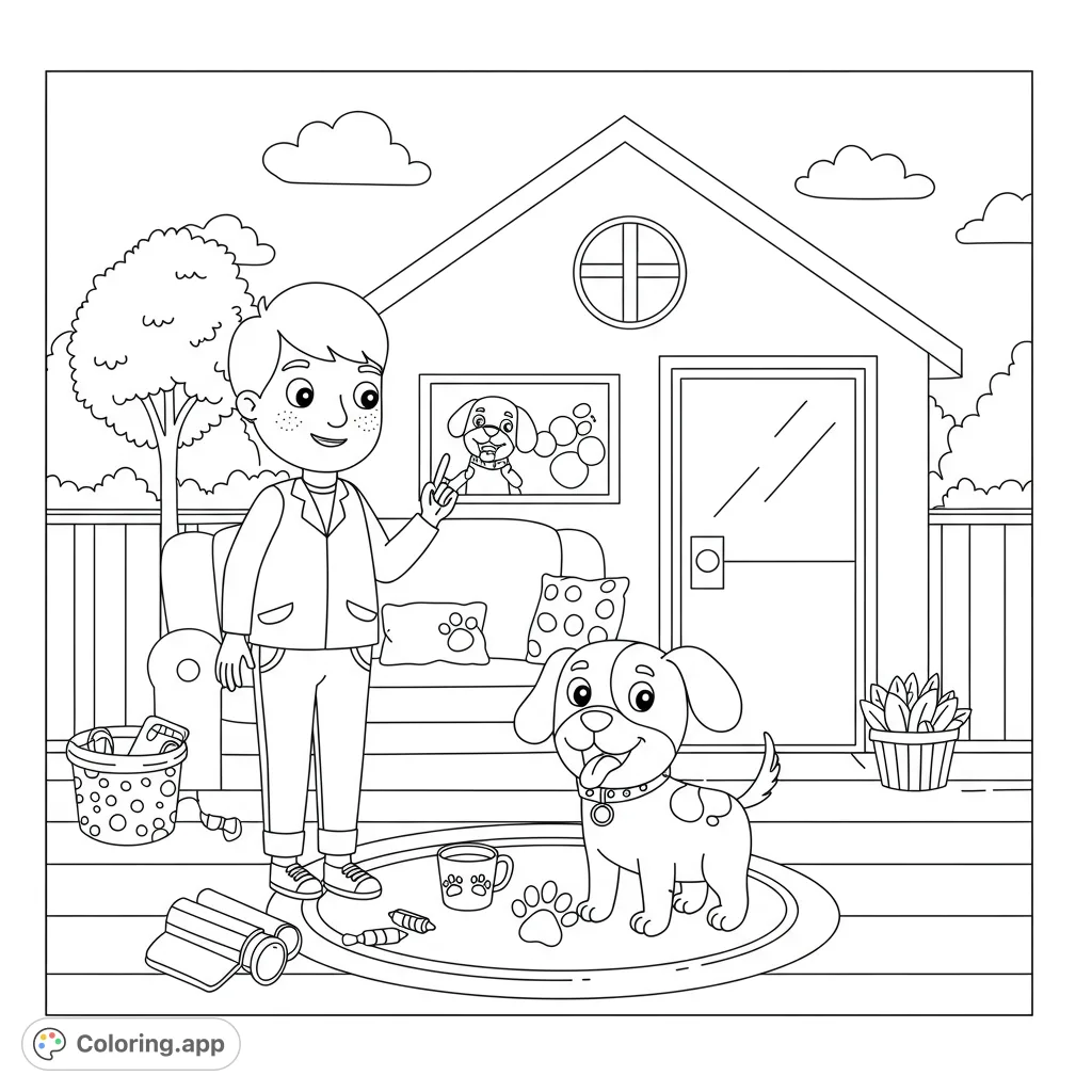 A cheerful boy and his playful puppy on a cozy patio, surrounded by toys and a small house. Perfect for kids and pet lovers!