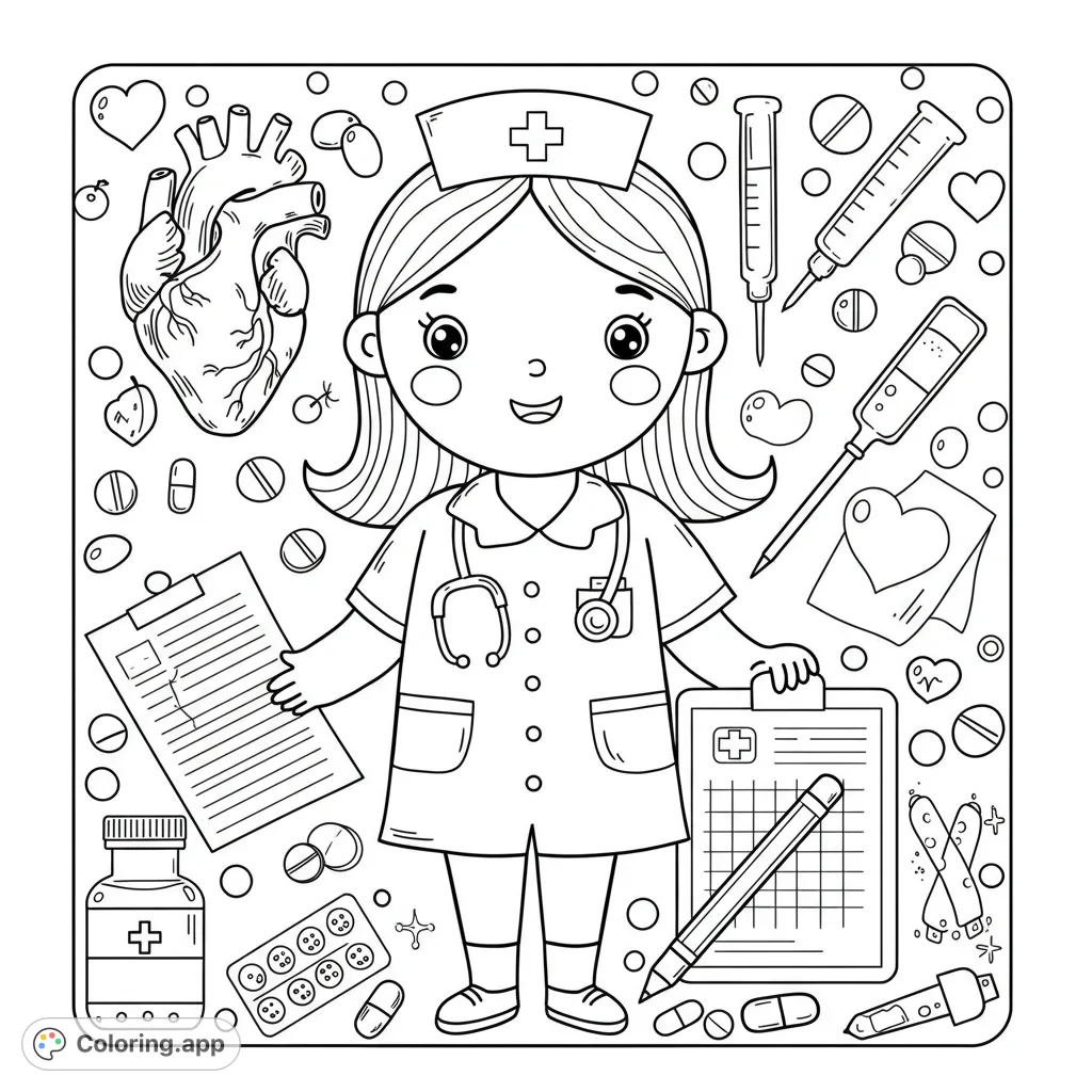 An adorable nurse surrounded by essential medical tools and health symbols, perfect for aspiring healthcare heroes. A free printable coloring page.