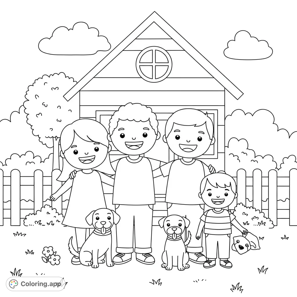A heartwarming family portrait coloring page featuring a happy family, their two dogs, and their home. Perfect for all ages to enjoy.