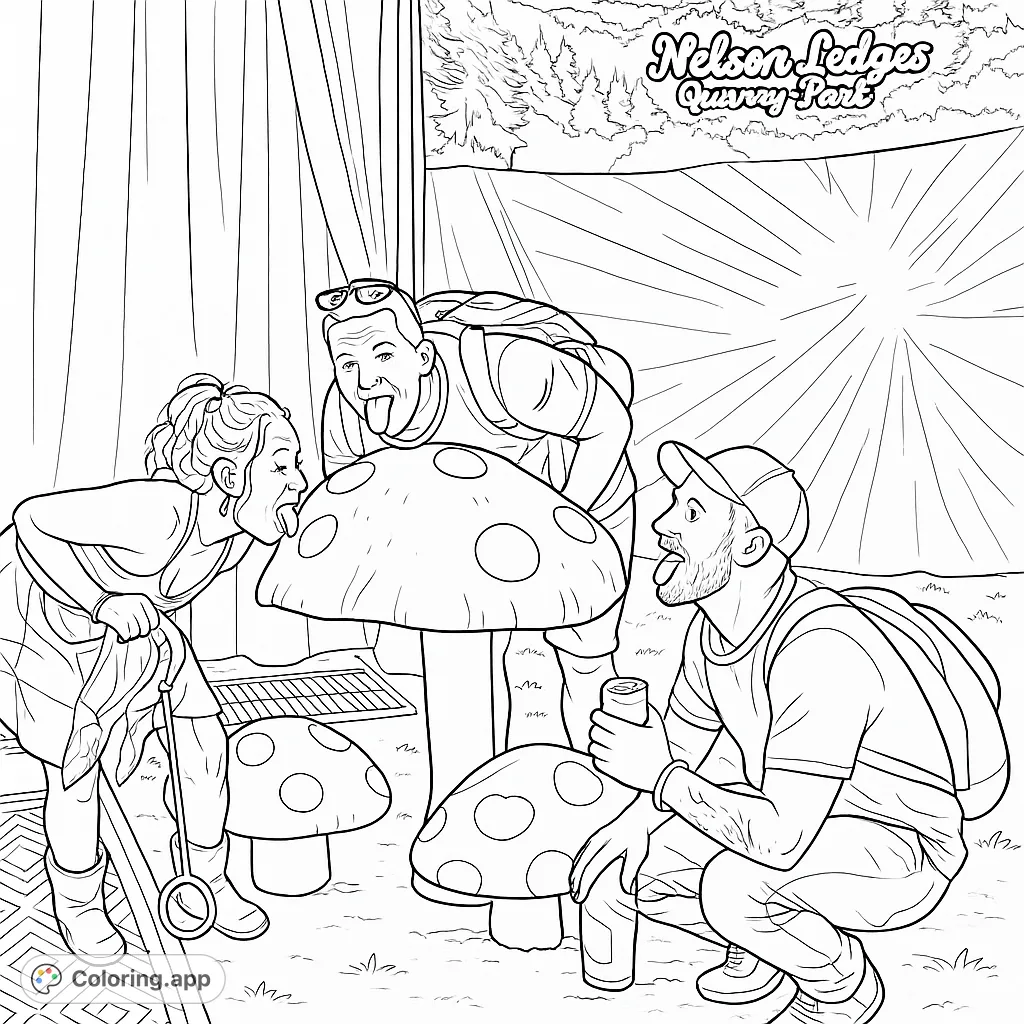 Three friends playfully interact with giant spotted mushrooms in a whimsical outdoor scene. A fun, free printable coloring page for all ages.