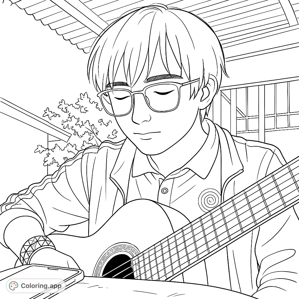 A serene young person with glasses plays an acoustic guitar, lost in music. Features detailed instrument and calm background. Perfect for music lovers.