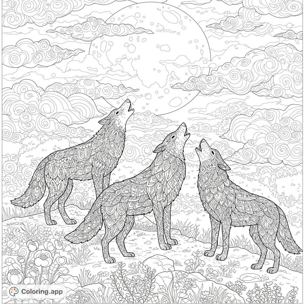 Three majestic, intricately patterned wolves howl at a luminous full moon amidst swirling clouds and a detailed natural landscape. A captivating scene for coloring.