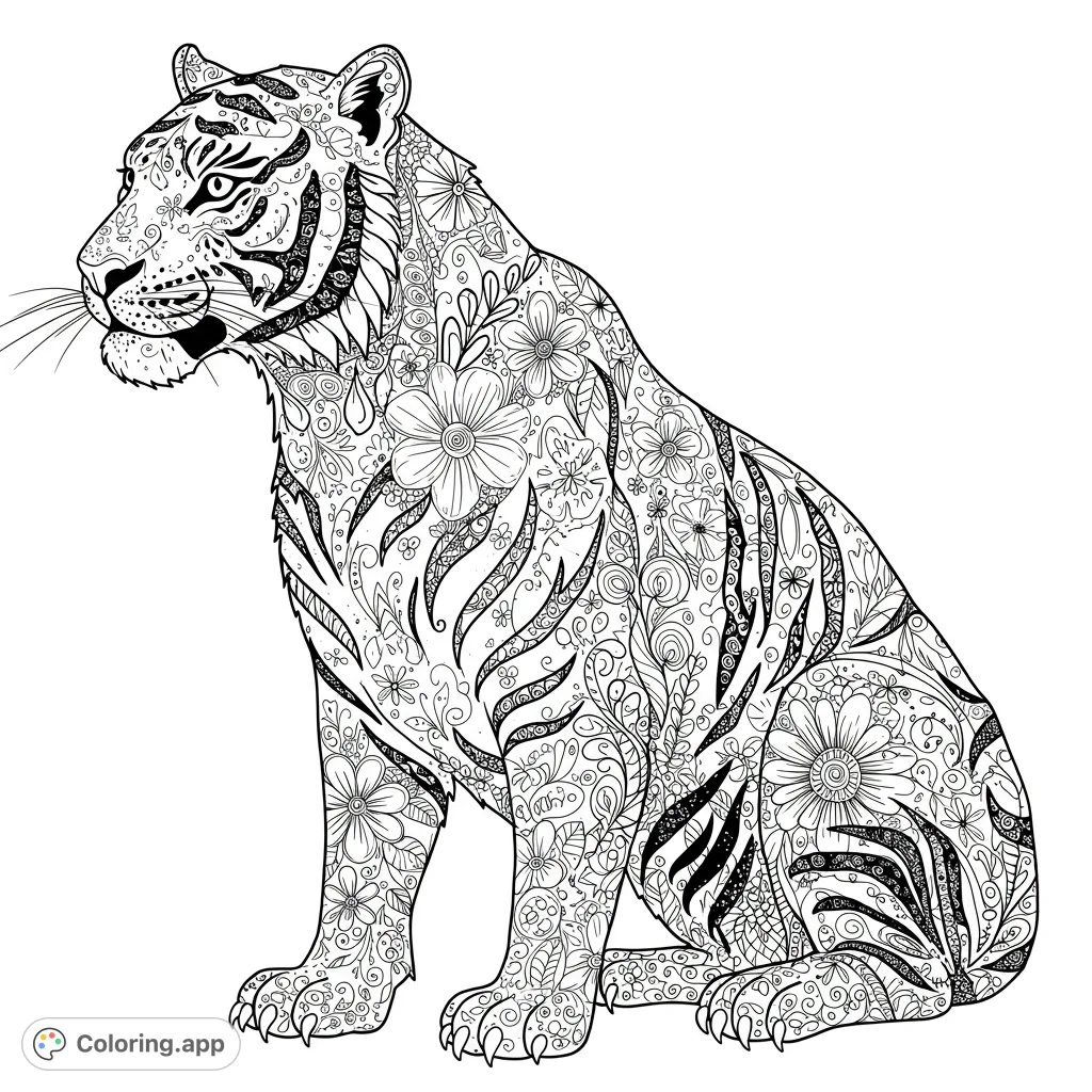 Discover a stunning floral tiger coloring page, a free printable design featuring intricate patterns and bold stripes. Perfect for detailed coloring.