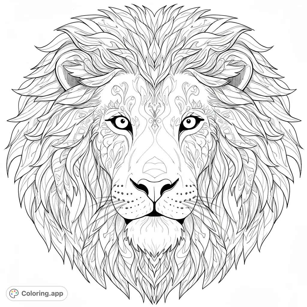 An intricate lion head coloring page featuring a majestic mane filled with detailed patterns. A free printable design for all ages, perfect for mindful coloring.