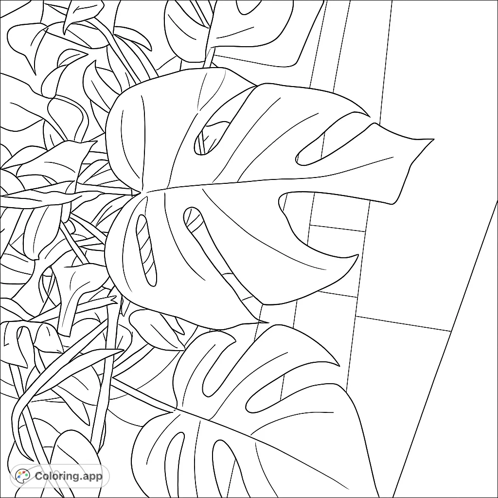 Immerse yourself in a lush tropical foliage coloring page featuring iconic Monstera leaves and dense plant life. A free printable coloring page for all ages.