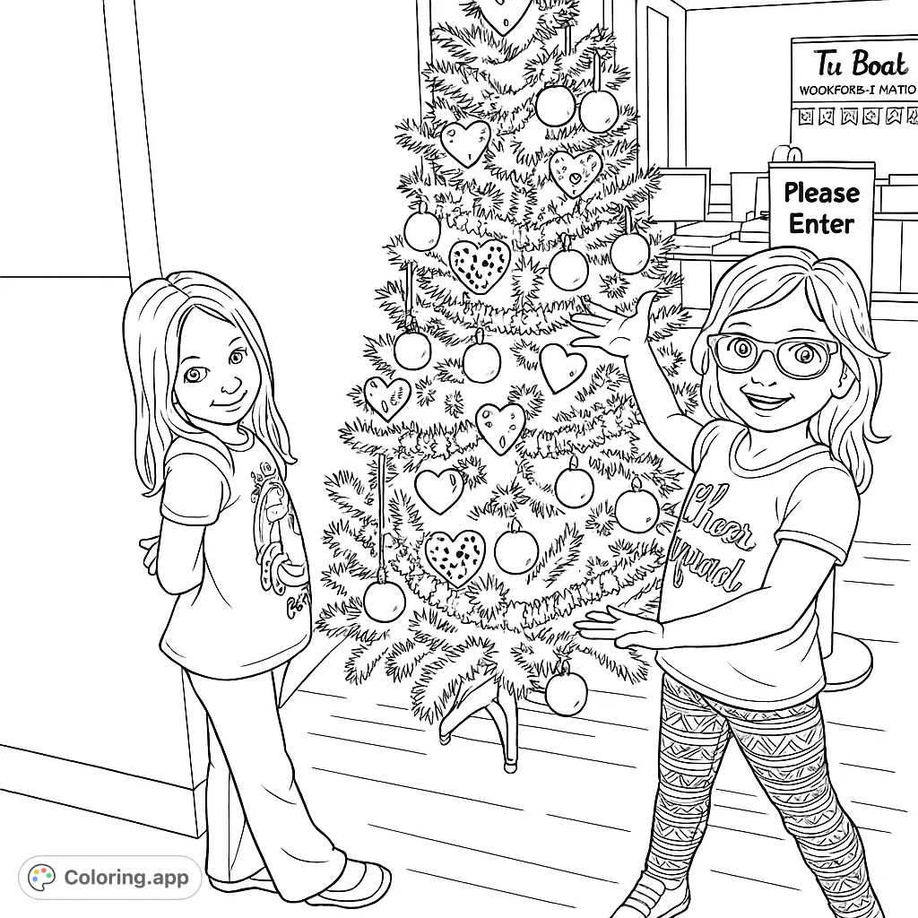 Two happy girls pose beside a beautifully decorated Christmas tree, ready for festive coloring fun. A free printable Christmas coloring page for kids.