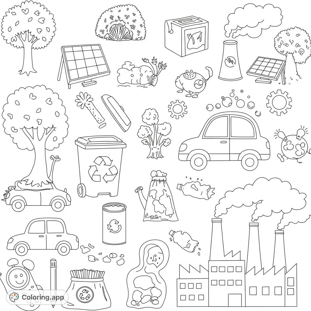 Explore a free printable eco-friendly coloring page featuring diverse environmental elements like trees, solar panels, recycling bins, and factories.