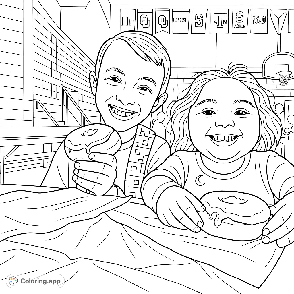 Joyful kids with delicious donuts in a school gym setting. A sweet and happy free printable coloring page for all ages to enjoy!