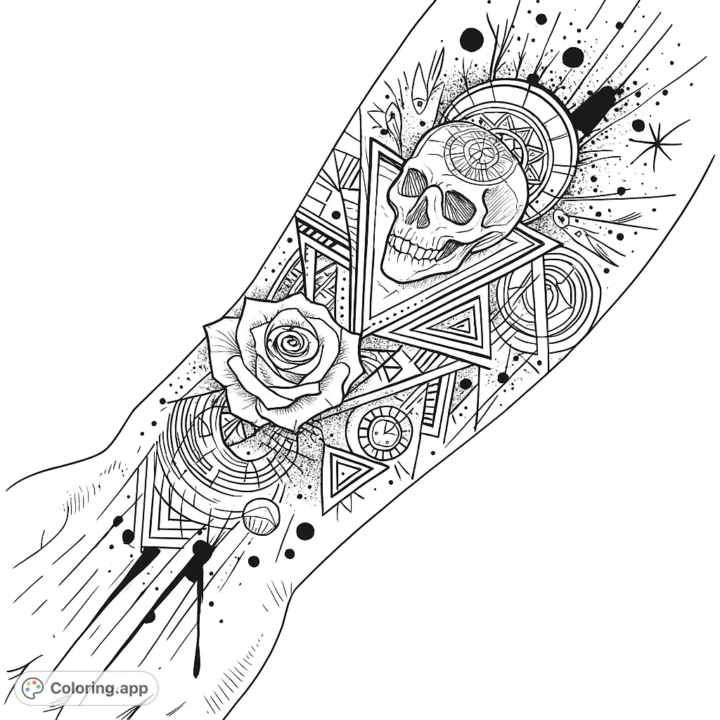 Intricate gothic geometric skull and rose design, perfect for detailed coloring. A free printable coloring page for adults and teens.