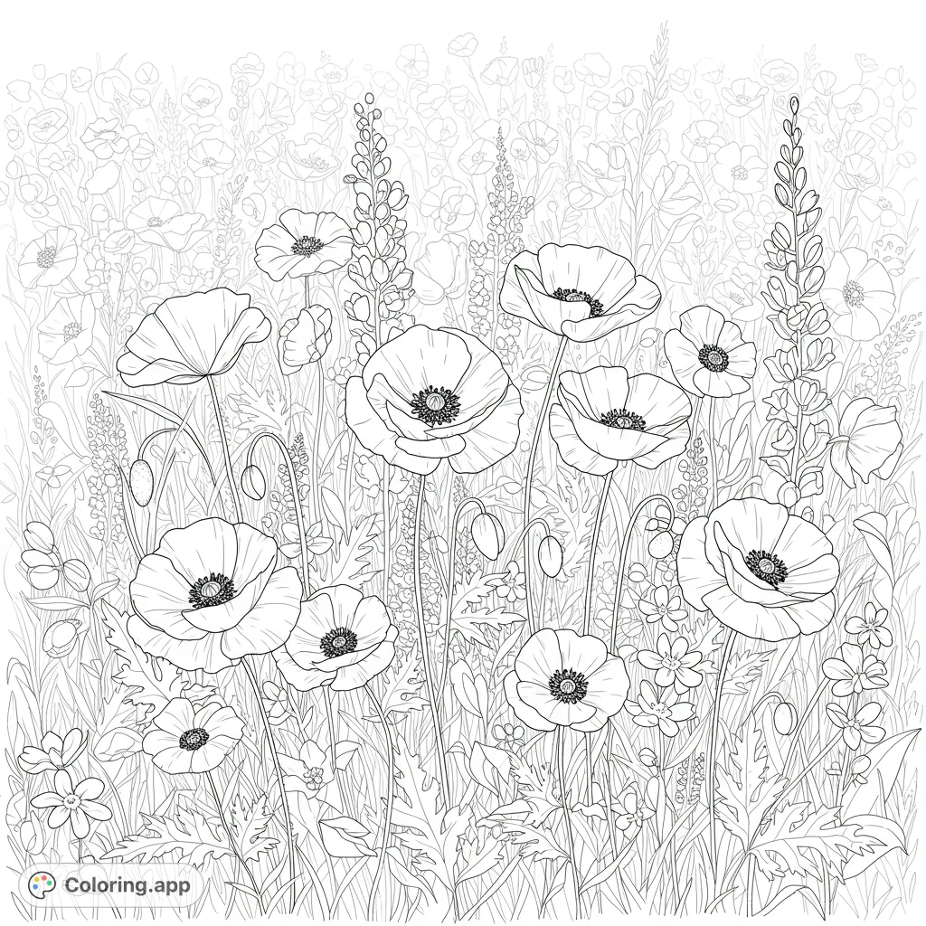 Field of Mixed Flowers Coloring Page