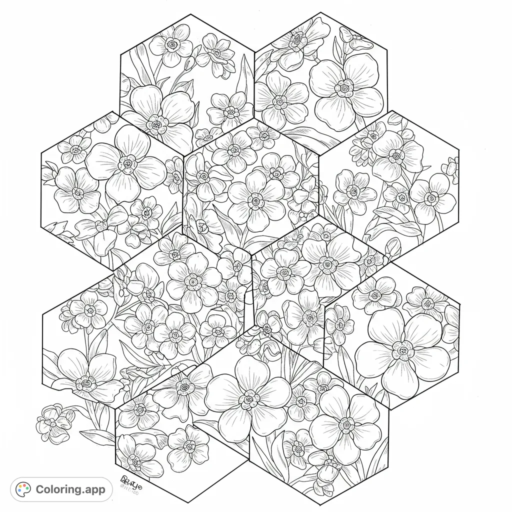 Intricate floral patterns fill interlocking hexagons, creating a beautiful botanical design. A free printable floral hexagon coloring page for all ages.