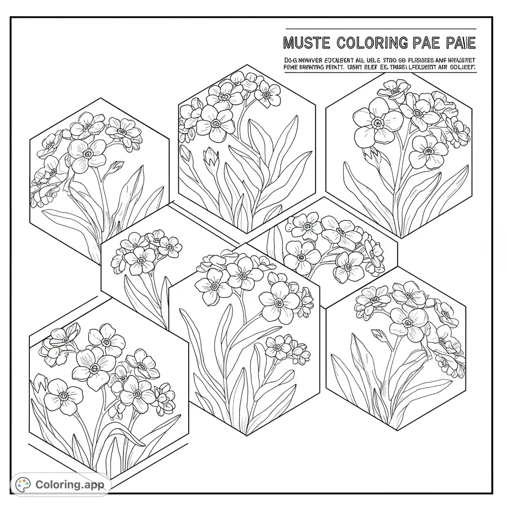 A beautiful forget-me-not floral hexagon coloring page, perfect for nature lovers and intricate designs. Free printable coloring page for adults.