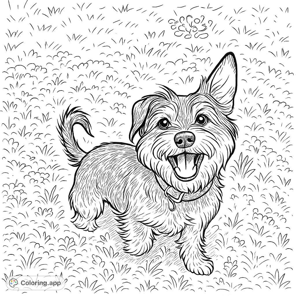 A delightful happy dog coloring page, featuring a fluffy terrier-mix with a joyful expression standing in a grassy field. Perfect for pet lovers!