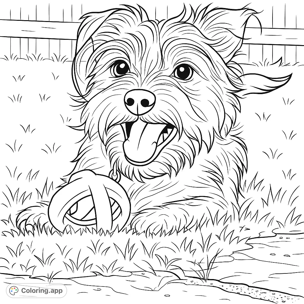 A joyful fluffy dog with its tongue out, lying in a grassy yard next to a ball. A delightful free printable dog coloring page for all ages.