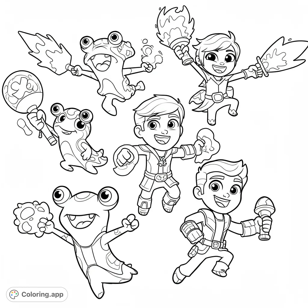 Dynamic action heroes and their friendly creature companions burst with energy in this exciting free printable coloring page, perfect for adventure.