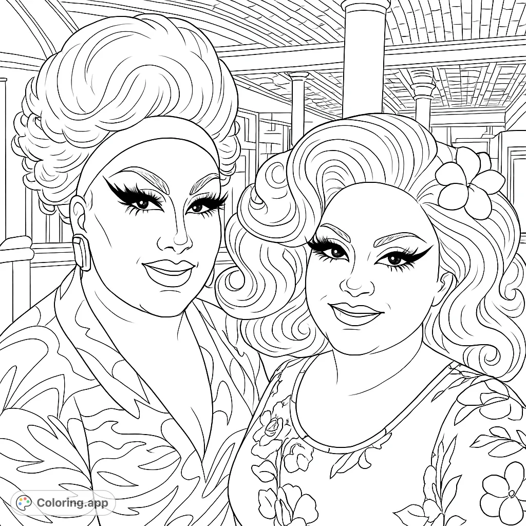 Two fabulous drag queens with elaborate hair and makeup, smiling in a grand hall. A vibrant, expressive portrait for a free printable coloring page.