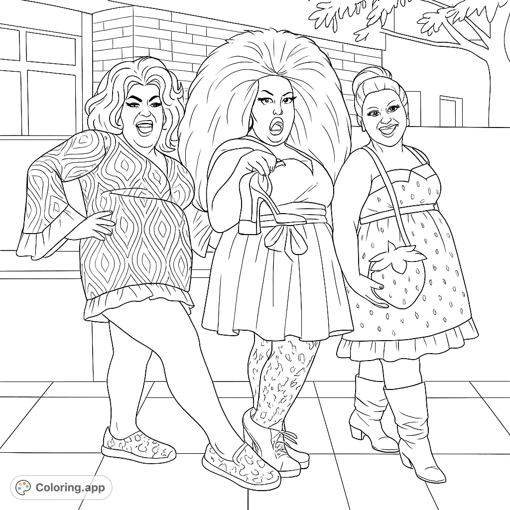 A vibrant drag queen coloring page featuring three fabulous performers in detailed outfits, ready for a burst of color. Perfect for fashion and glamour enthusiasts.
