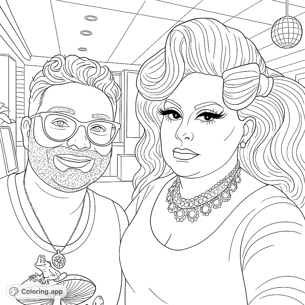 A fabulous drag queen and a smiling man pose in this detailed portrait. Perfect for adults seeking a glamorous, expressive, and free printable coloring page.