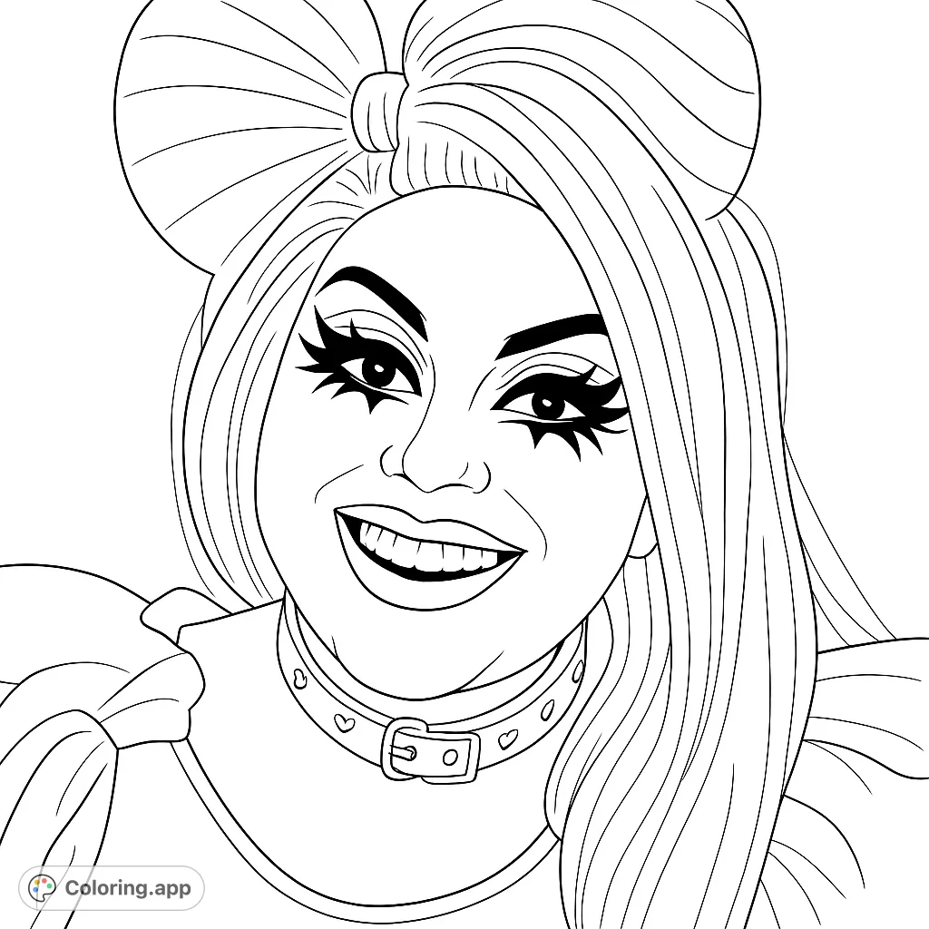 A vibrant portrait of a smiling performer with a large bow, dramatic makeup, and a heart-studded choker, ready for creative coloring.