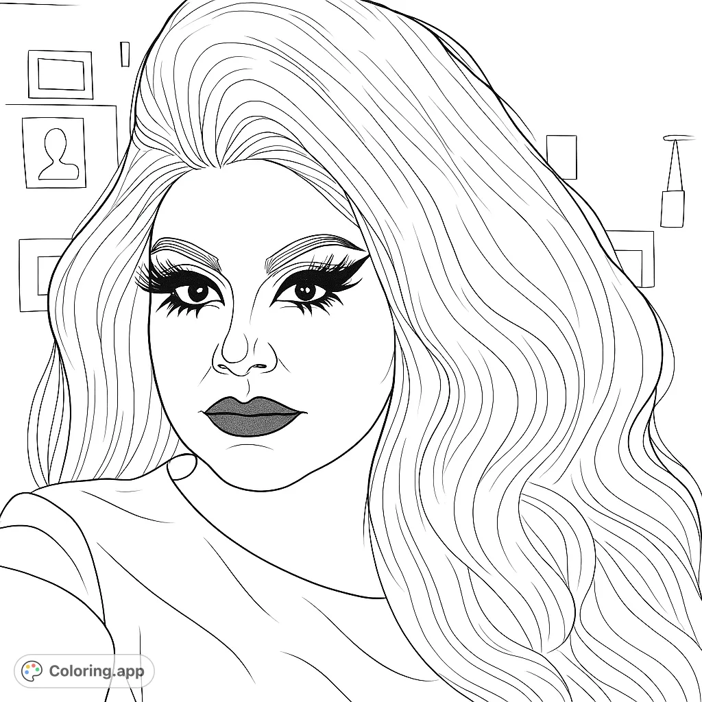 A stunning portrait of a glamorous individual with voluminous hair and dramatic makeup, perfect for a fabulous coloring experience.