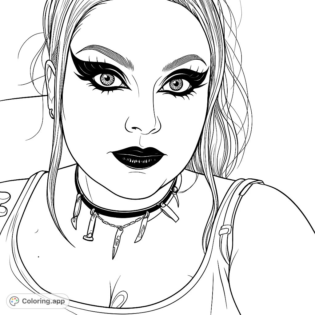 An edgy gothic portrait coloring page featuring a woman with dramatic winged eyeliner, bold lips, and a spiked choker. Express your unique style!