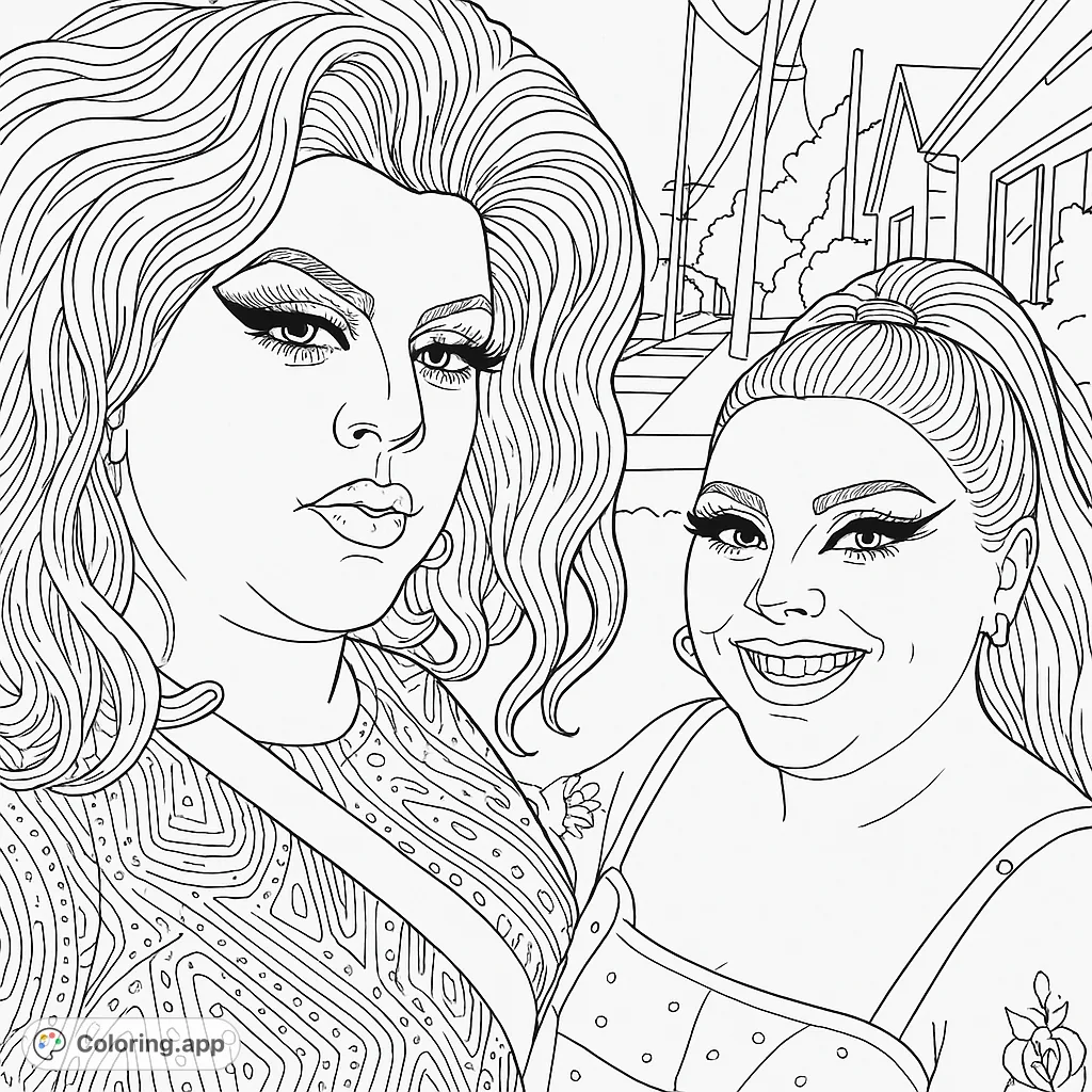 Two women, one with wavy hair and patterned top, another smiling with a ponytail, against a suburban street background. A vibrant portrait.