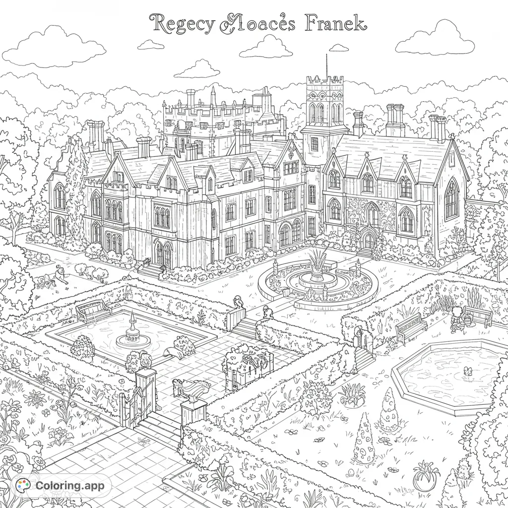 Explore a grand manor house with intricate architecture and formal gardens, featuring fountains and lush foliage. A detailed and rewarding coloring page.