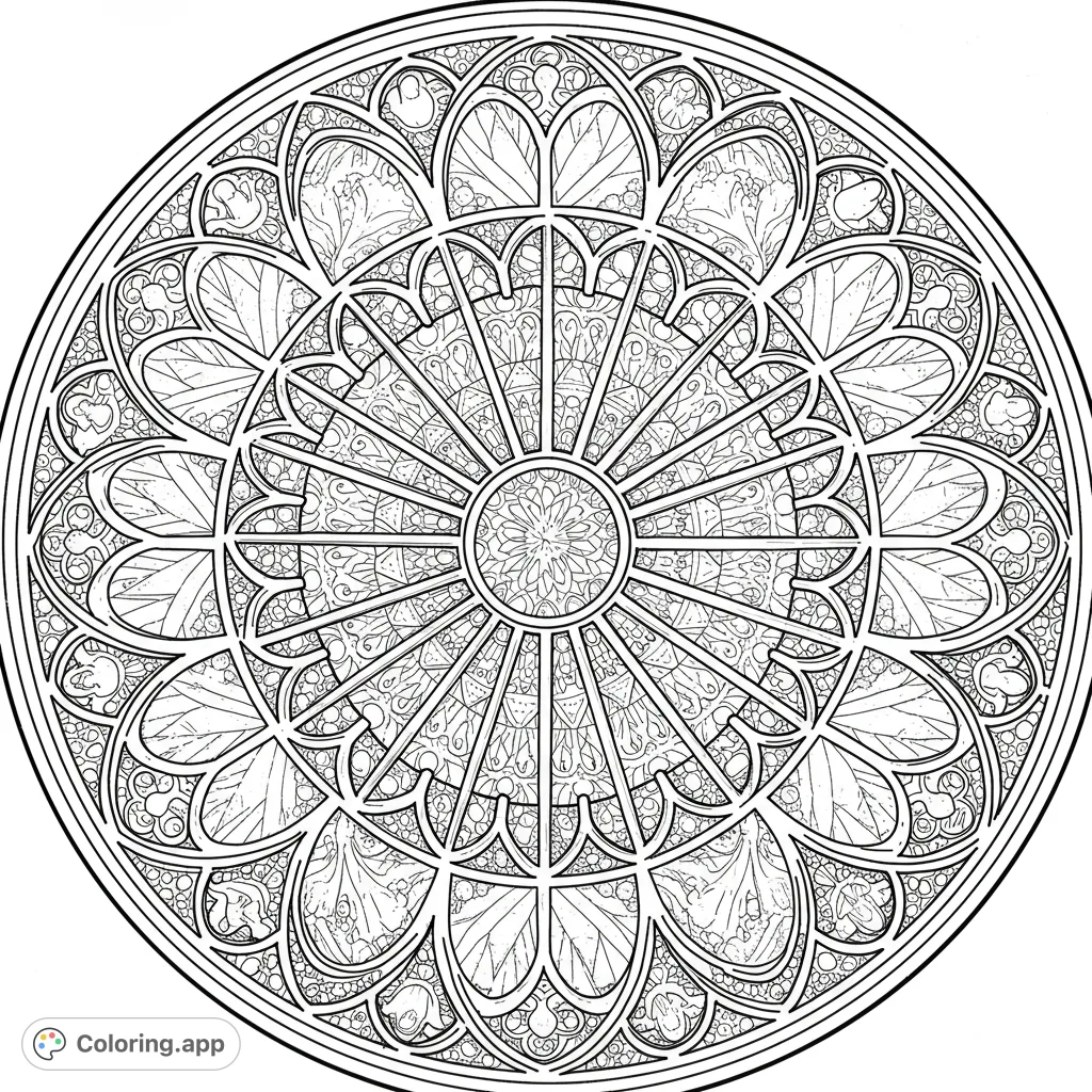 An intricate circular design resembling a gothic rose window or mandala, featuring detailed floral and geometric patterns within its many sections. Perfect for mindful coloring.