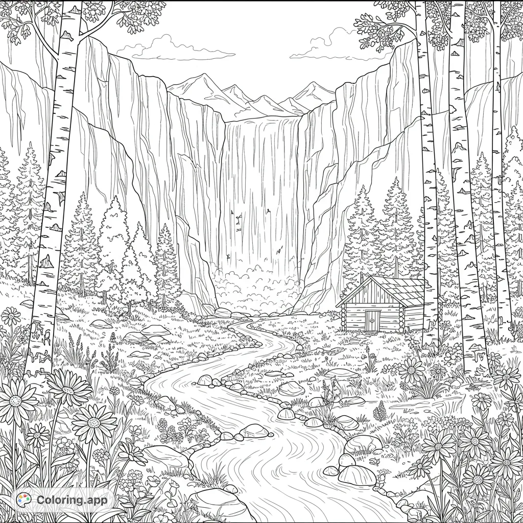 Discover a majestic waterfall, winding river, and cozy cabin nestled in a serene forest landscape. A beautiful nature coloring page for all ages.