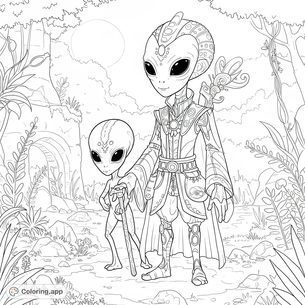 Explore an alien forest with two unique extraterrestrial beings in this captivating futuristic alien coloring page. Perfect for all ages!