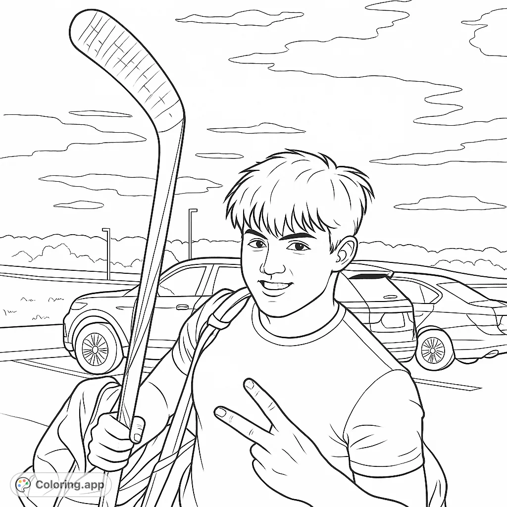 A dynamic hockey player smiles, holding his stick and making a peace sign, ready for action. A fun sports coloring page for all ages.