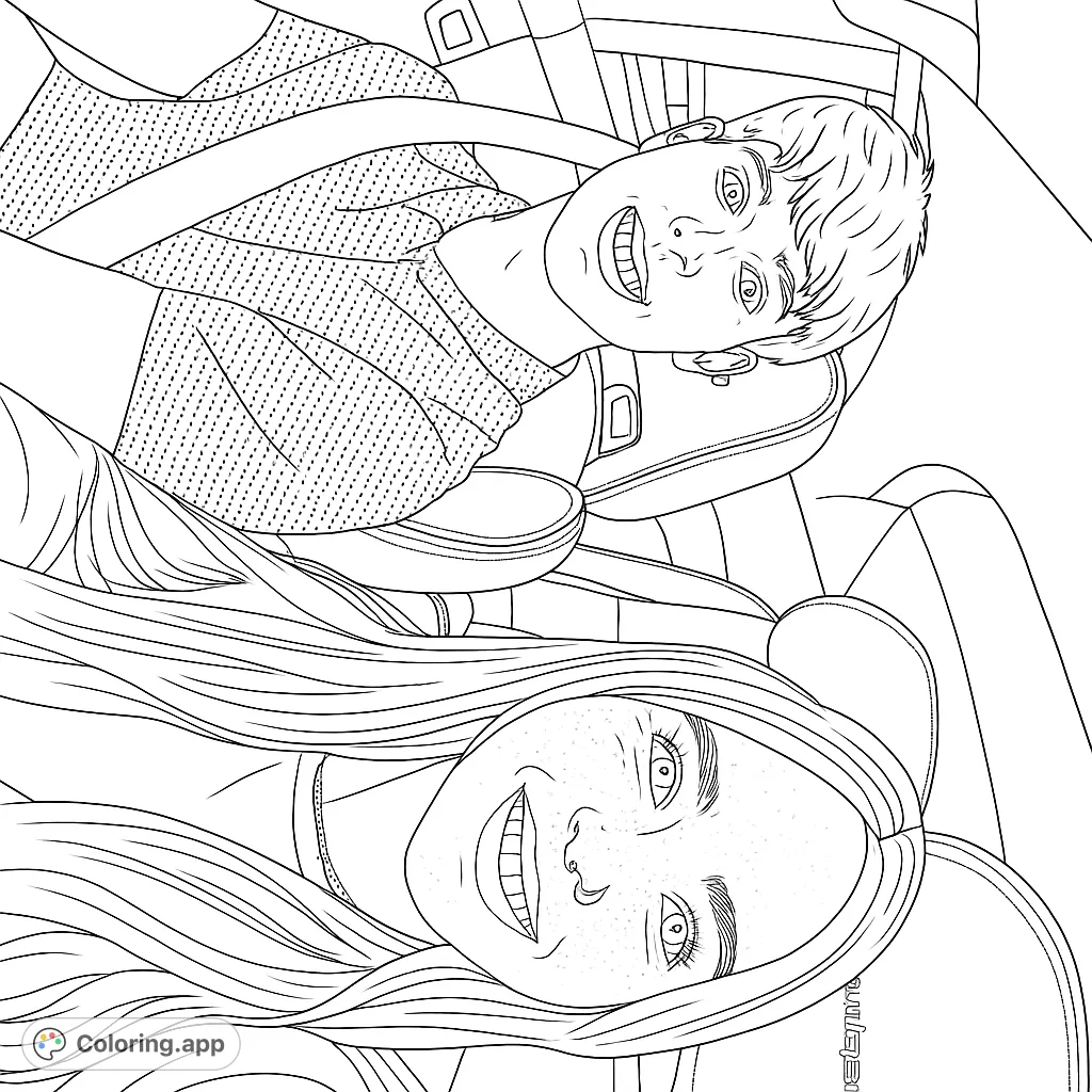 Two happy friends smiling in a car, ready for adventure. A fun, free printable road trip coloring page for all ages.
