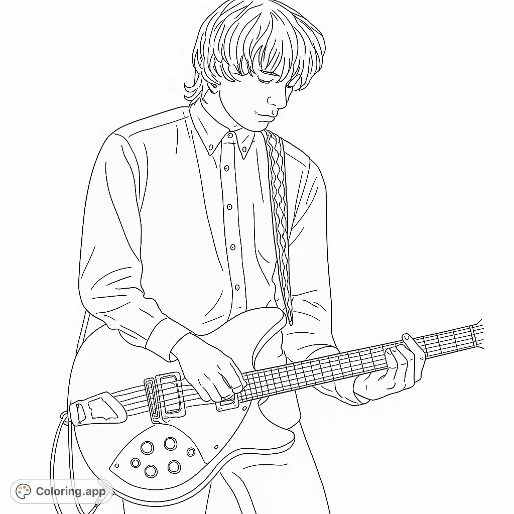 A focused musician plays an electric guitar, perfect for music lovers. This free printable coloring page offers a creative outlet for all ages.