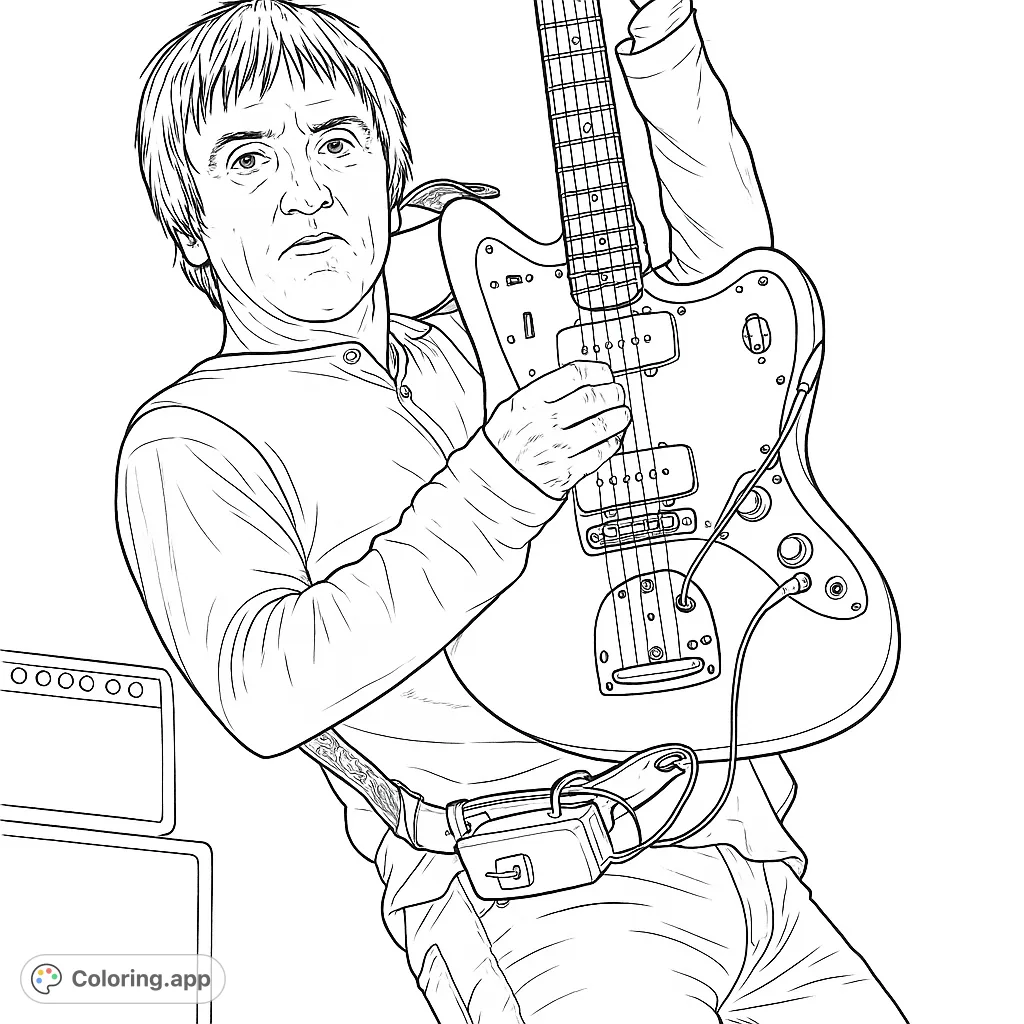 A dynamic rock star guitarist intensely playing an electric guitar, perfect for music lovers. Free printable musician coloring page for adults and teens.