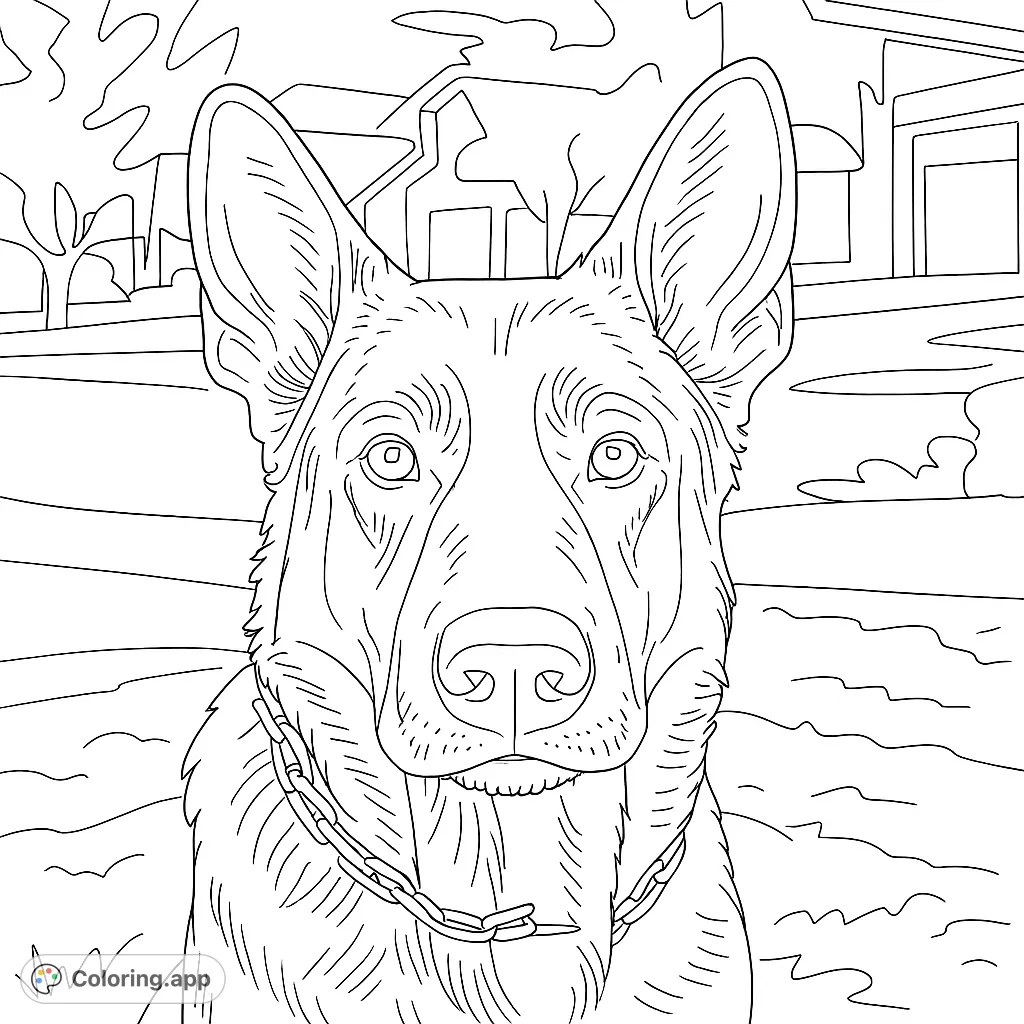 A detailed German Shepherd dog portrait, perfect for a free printable coloring page. Features a loyal canine with a chain collar against an outdoor scene.