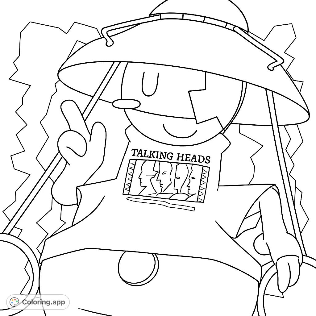 A unique character in a wide hat makes a peace sign, wearing a shirt with a cool graphic. A free printable music fan coloring page for all ages.