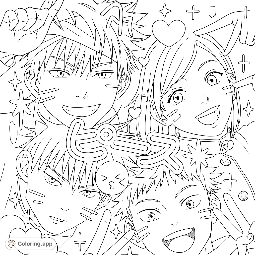 Dive into this dynamic anime group selfie coloring page featuring four expressive characters, playful poses, and fun decorative elements. Perfect for anime fans!