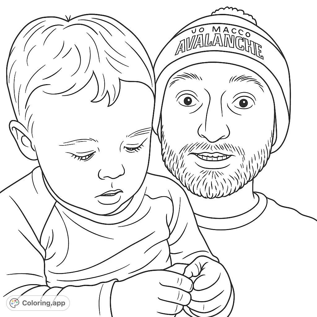 A heartwarming family portrait coloring page featuring a man and a young child, perfect for a free printable coloring page for kids and adults.