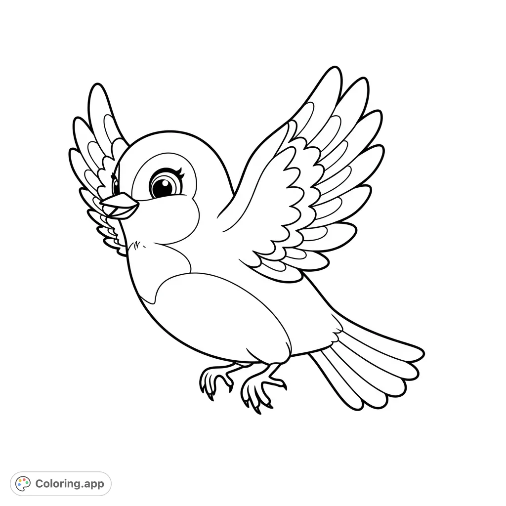 A delightful cartoon bird in mid-flight, wings spread wide, ready for vibrant colors. A free printable bird coloring page perfect for all ages.