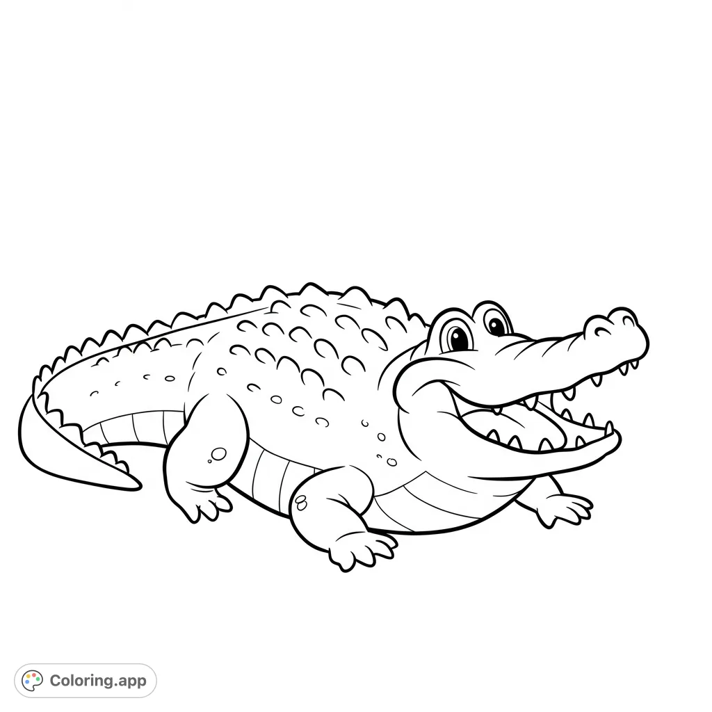 A cheerful cartoon alligator with a wide smile, perfect for a fun and engaging free printable alligator coloring page for kids and adults.