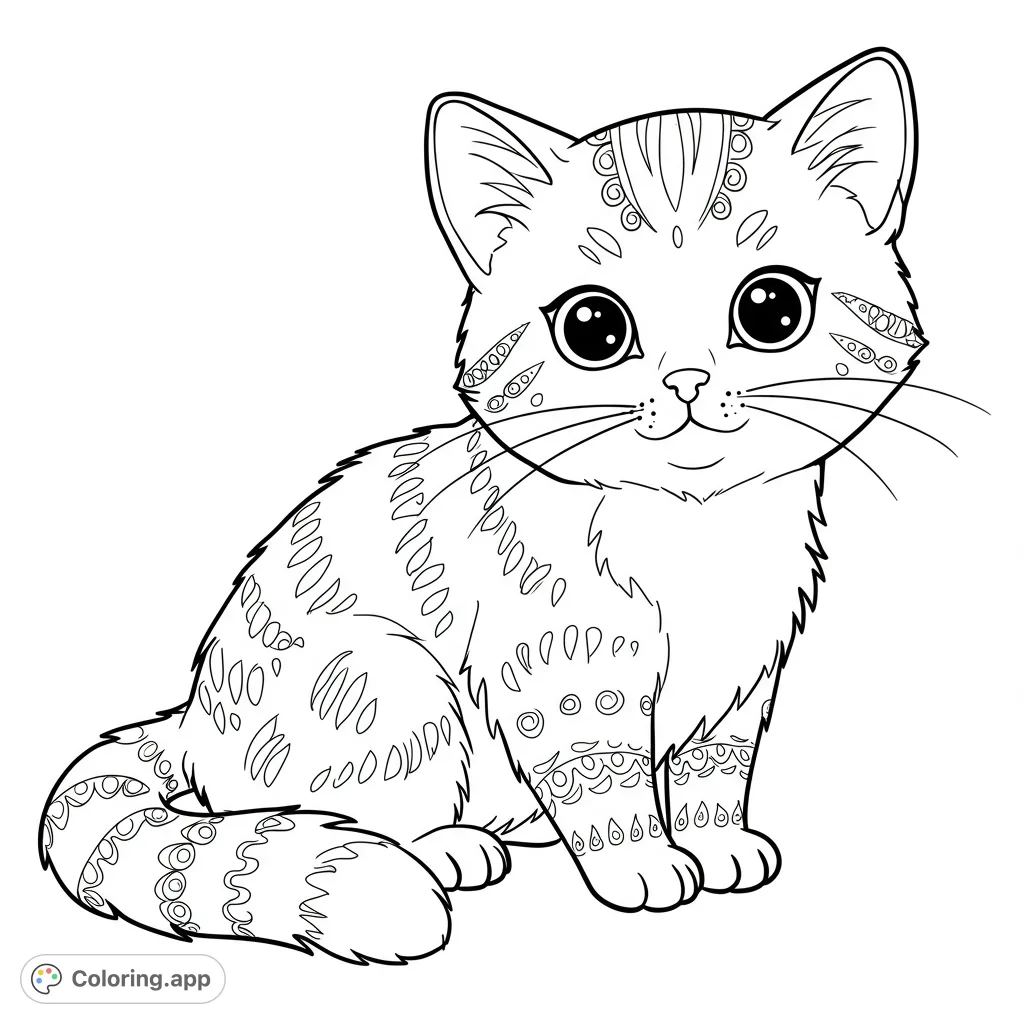 An adorable patterned cat coloring page featuring a whimsical kitten with intricate designs, perfect for creative expression and relaxation.