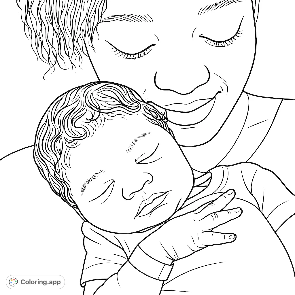 A heartwarming black and white line drawing of a parent gently holding a peacefully sleeping newborn baby, perfect for a free printable coloring page.